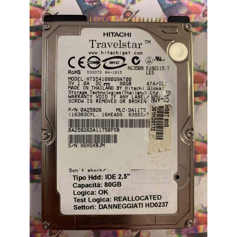 Hard Disk Usato Semifunzionante IDE 2,5" 80GB HITACHI HTS541080G9AT00 0A25826 DA1175 NOV-05