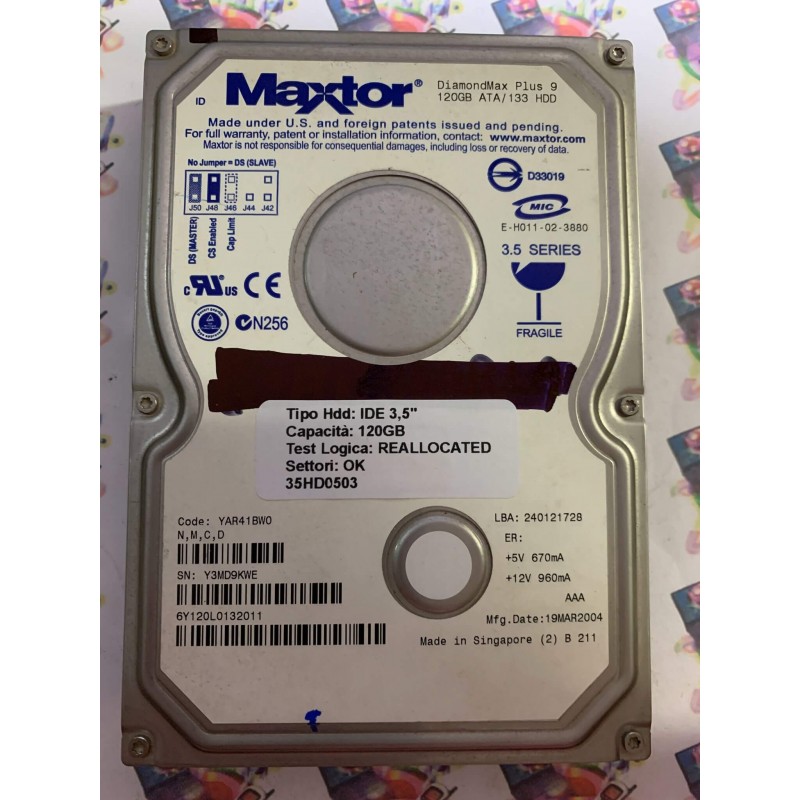 Hard Disk Usato Semifunzionante IDE 3,5" 120GB MAXTOR 6Y120L0 6Y120L0132011 YAR41BW0 19 MAR 2004