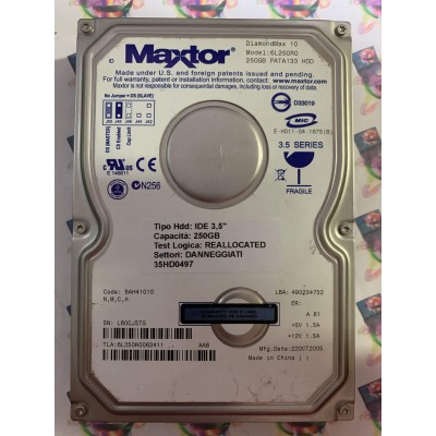 Hard Disk Usato Semifunzionante IDE 3,5" 250GB MAXTOR 6L250R0 6L250R0063411 BAH41G10 22 OCT 2005