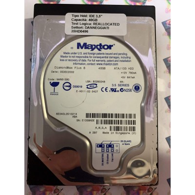 Hard Disk Usato Semifunzionante IDE 3,5" 40GB MAXTOR 6E040L0 6E040L0510214 NAR61590 05 DEC 2002