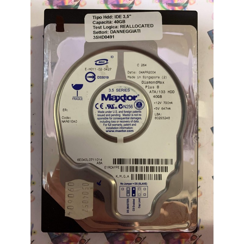 Hard Disk Usato Semifunzionante IDE 3,5" 40GB MAXTOR 6E040L0 6E040L0711014 NAR61EA0 04 APR 2004