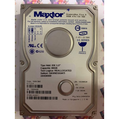 Hard Disk Usato Semifunzionante IDE 3,5" 80GB MAXTOR 6Y080L0 6Y080L0422011 YAR41BW0 24 MAR 2004