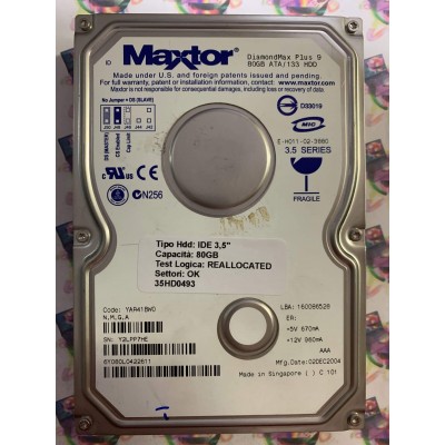 Hard Disk Usato Semifunzionante IDE 3,5" 80GB MAXTOR 6Y080L0 6Y080L0422611 YAR41BW0 02 DEC 2004