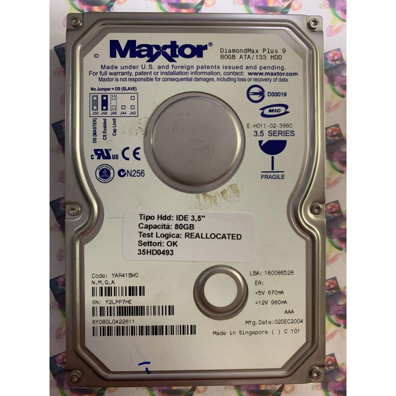 Hard Disk Usato Semifunzionante IDE 3,5" 80GB MAXTOR 6Y080L0 6Y080L0422611 YAR41BW0 02 DEC 2004