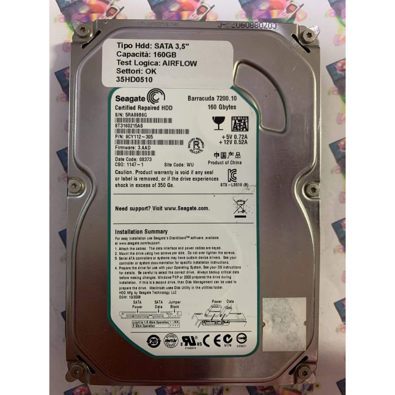 Hard Disk Usato Semifunzionante SATA 3,5" 160GB SEAGATE ST3160215AS 9CY112-305 3.AAD 08373 WU