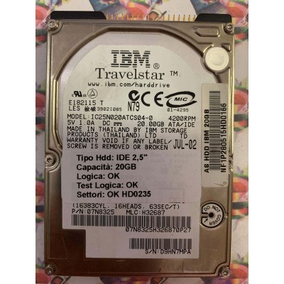 Hard Hard Disk Usato Funzionante 100% Ok IDE 2,5" 20GB IBM IC25N020ATCS04-0 07N8325 H32687 JUL-02