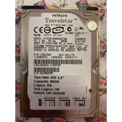 Hard Hard Disk Usato Funzionante 100% Ok IDE 2,5" 80GB HITACHI HTS541080G9AT00 13G1584 DA1175 NOV-05