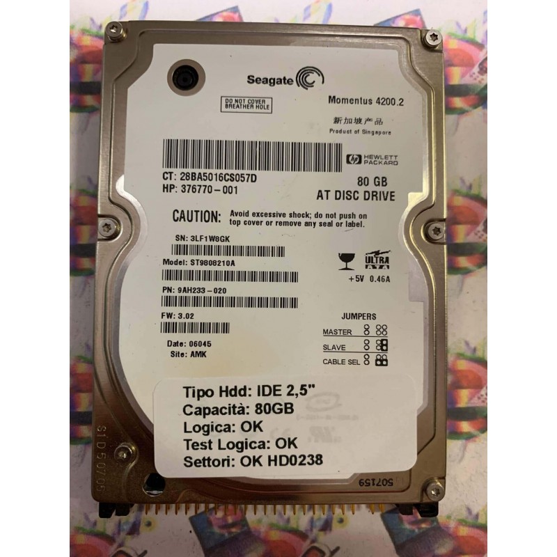 Hard Hard Disk Usato Funzionante 100% Ok IDE 2,5" 80GB SEAGATE ST9808210A 9AH233-020 3.02 06045 AMK