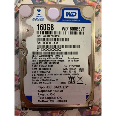 Hard Hard Disk Usato Funzionante 100% Ok SATA 2,5" 160GB WD WD1600BEVT-22ZCT0 HHCT2HBB 09 MAR 2010