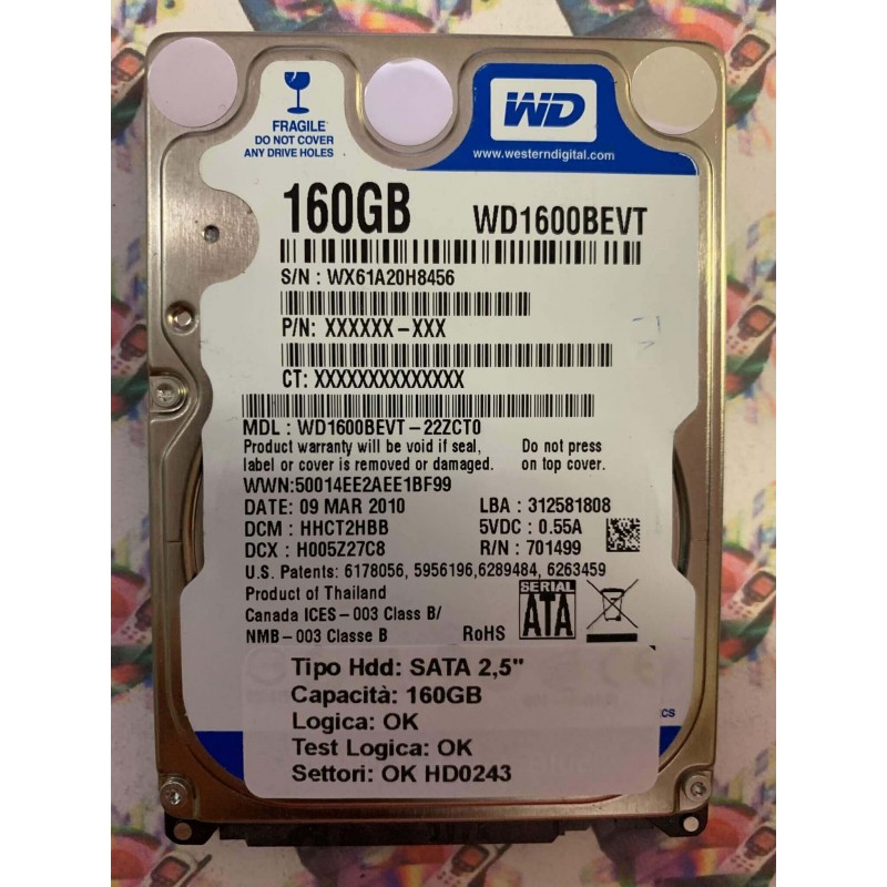 Hard Hard Disk Usato Funzionante 100% Ok SATA 2,5" 160GB WD WD1600BEVT-22ZCT0 HHCT2HBB 09 MAR 2010