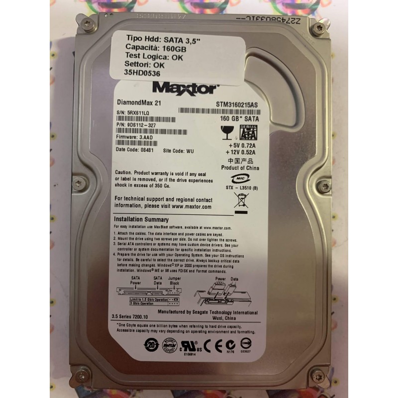 Hard Disk Usato Funzionante 100% OK SATA 3,5" 160GB SEAGATE STM3160215AS 9DS112-327 3.AAD 08481 WU