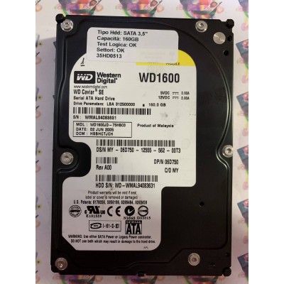 Hard Disk Usato Funzionante 100% OK SATA 3,5" 160GB WD WD1600JD-75HBC0 HSBHCTJCH 02 JUN 2005