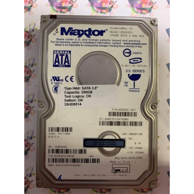 Hard Disk Usato Funzionante 100% OK SATA 3,5" 250GB MAXTOR 6V250F0 6V250F015643E 03 JUL 2006