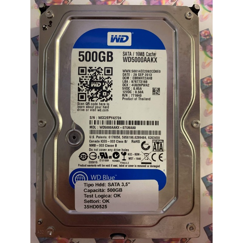 Hard Disk Usato Funzionante 100% OK SATA 3,5" 500GB WD WD5000AAKX-07U6AA0 EBRNHT2AHB 29 SEP 2013