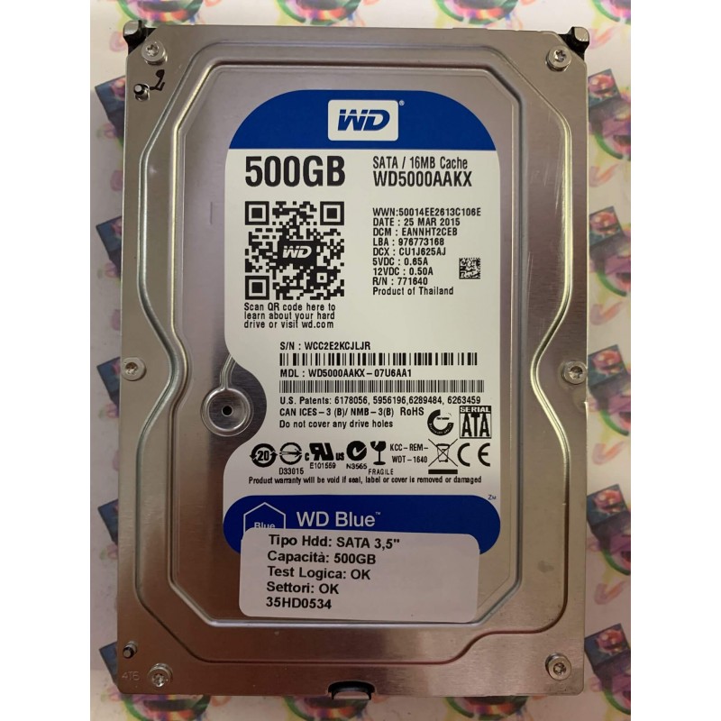Hard Disk Usato Funzionante 100% OK SATA 3,5" 500GB WD WD5000AAKX-07U6AA1 EANNHT2CEB 25 MAR 2015