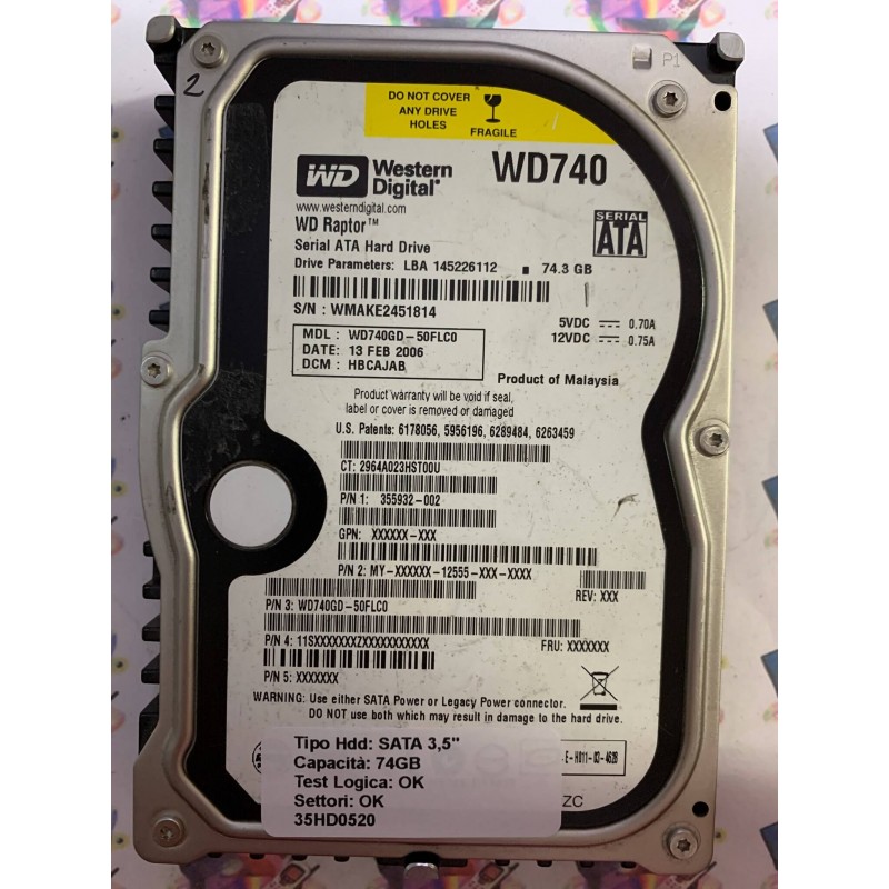 Hard Disk Usato Funzionante 100% OK SATA 3,5" 74GB WD WD740GD-50FLC0 HBCAJAB 13 FEB 2006