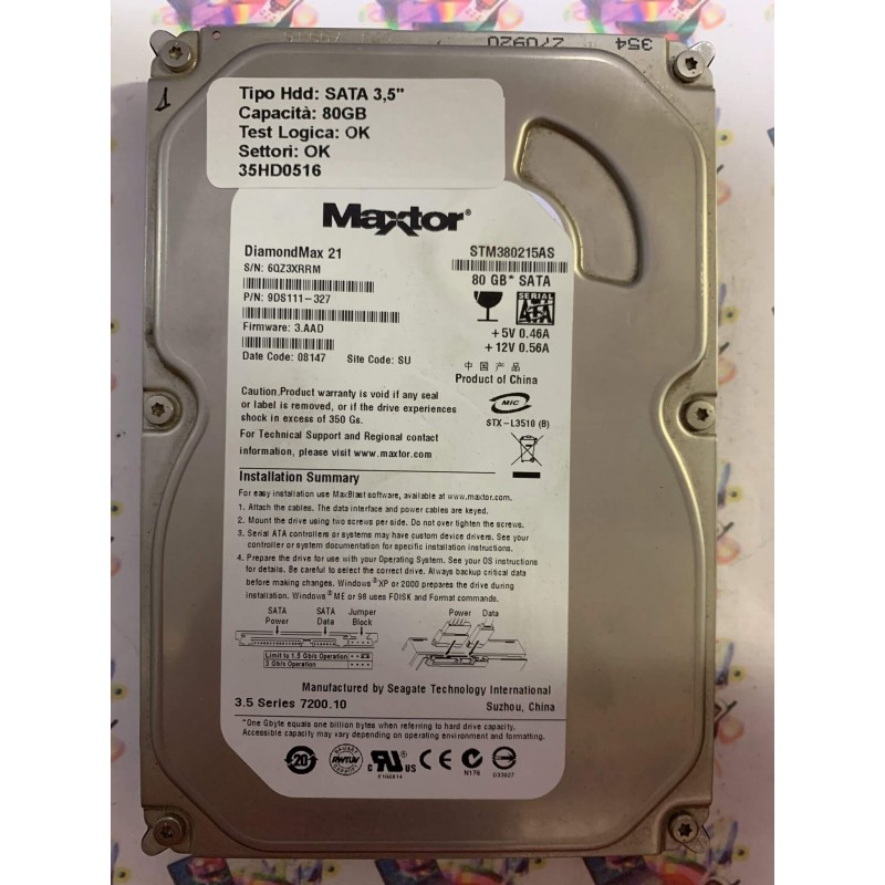 Hard Disk Usato Funzionante 100% OK SATA 3,5" 80GB MAXTOR STM380215AS 9DS111-327 3.AAD 08147 SU