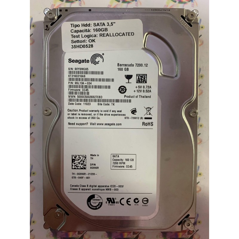 Hard Disk Usato Semifunzionante SATA 3,5" 160GB SEAGATE ST3160318AS 9SL13A-034 CC45 11023 TK