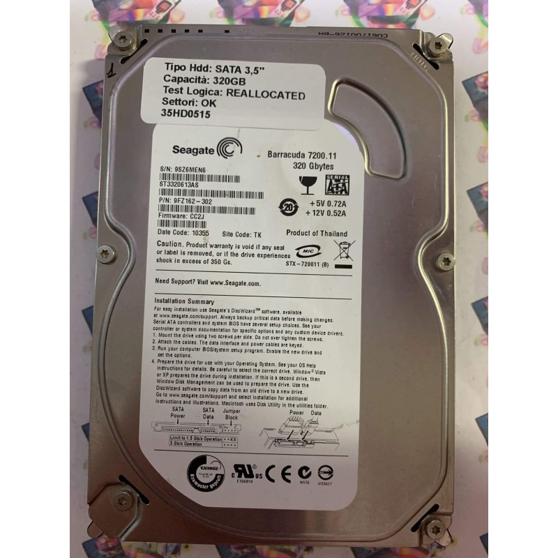 Hard Disk Usato Semifunzionante SATA 3,5" 320GB SEAGATE ST3320613AS 9FZ162-302 CC2J 10355 TK