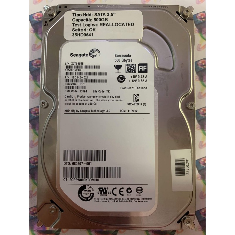 Hard Disk Usato Semifunzionante SATA 3,5" 500GB SEAGATE ST500DM002 1BD142-021 HP73 13194 TK