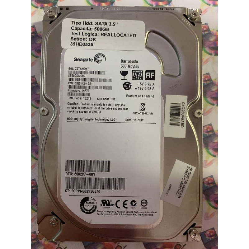 Hard Disk Usato Semifunzionante SATA 3,5" 500GB SEAGATE ST500DM002 1BD142-021 HP73 13214 TK