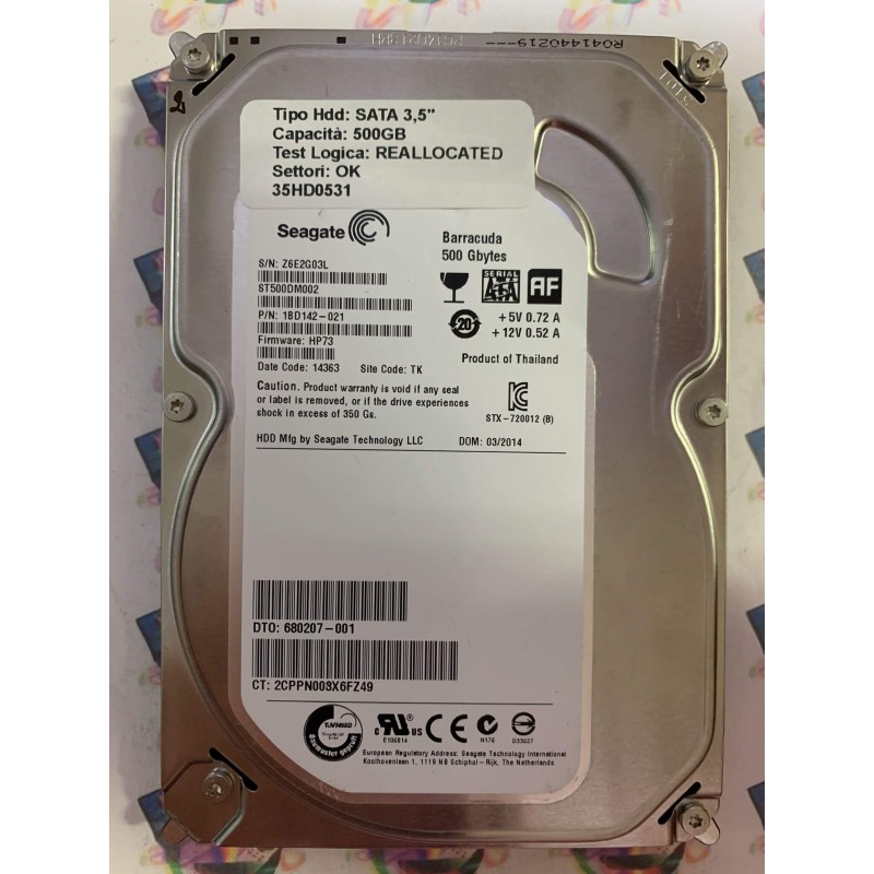 Hard Disk Usato Semifunzionante SATA 3,5" 500GB SEAGATE ST500DM002 1BD142-021 HP73 14363 TK