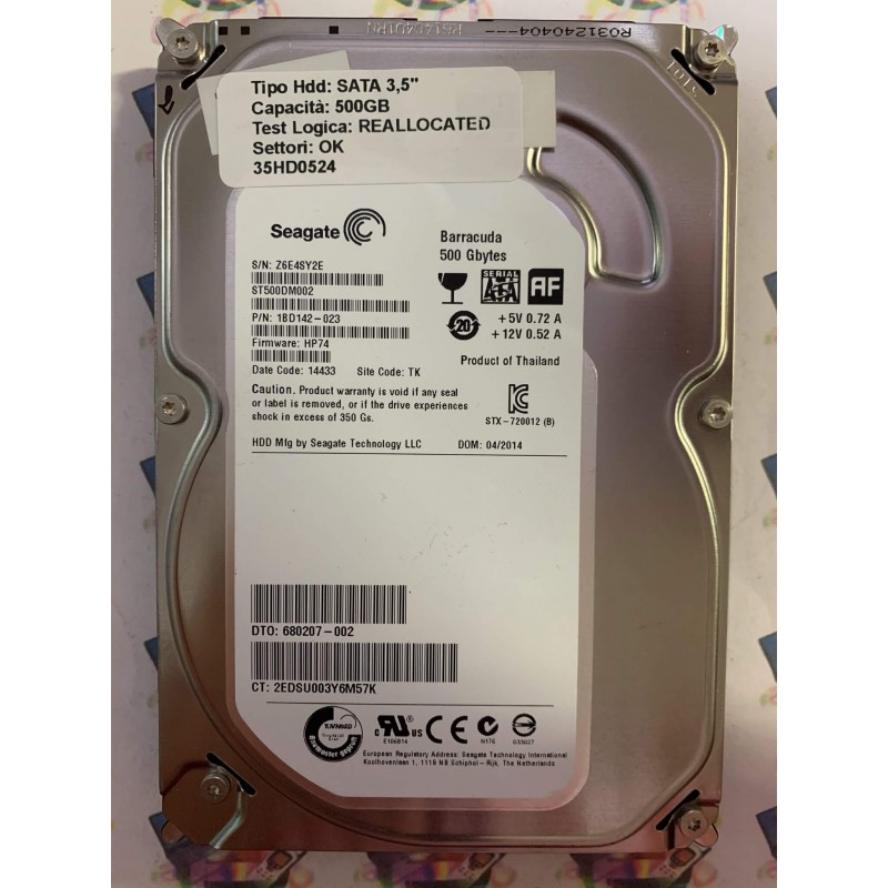 Hard Disk Usato Semifunzionante SATA 3,5" 500GB SEAGATE ST500DM002 1BD142-023 HP74 14433 TK