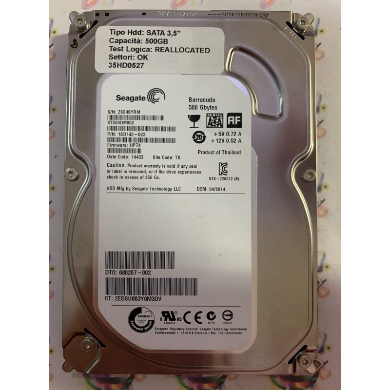 Hard Disk Usato Semifunzionante SATA 3,5" 500GB SEAGATE ST500DM002 1BD142-023 HP74 14433 TK Z6E4SYRM
