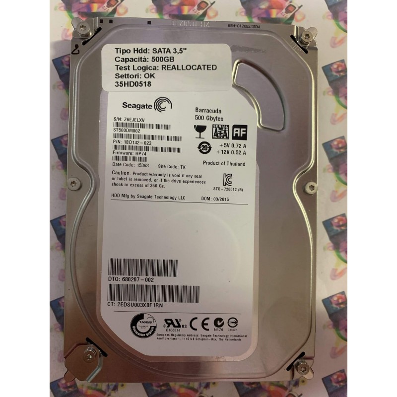 Hard Disk Usato Semifunzionante SATA 3,5" 500GB SEAGATE ST500DM002 1BD142-023 HP74 15363 TK