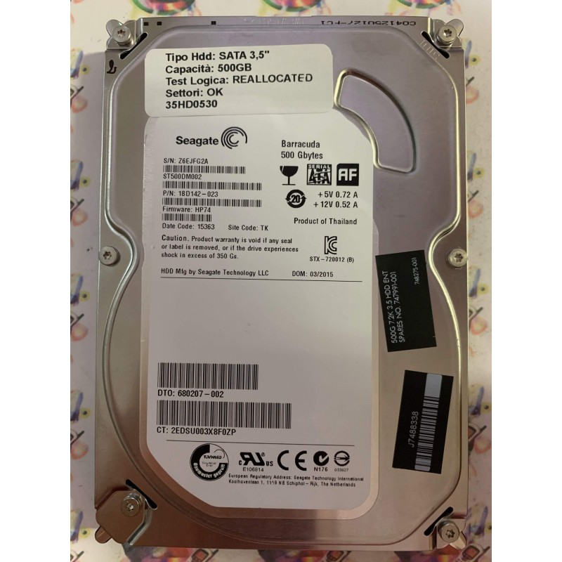 Hard Disk Usato Semifunzionante SATA 3,5" 500GB SEAGATE ST500DM002 1BD142-023 HP74 15363 TK