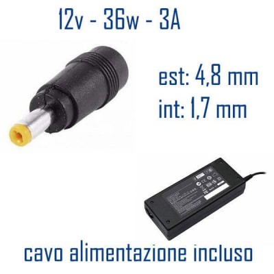 Alimentatore Compatibile 36W 12V 3A 4,8 x 1,7mm Cavo Alimentazione Incluso