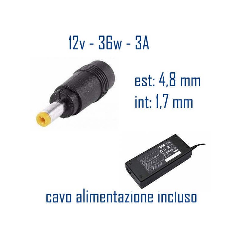 Alimentatore Compatibile 36W 12V 3A 4,8 x 1,7mm Cavo Alimentazione Incluso