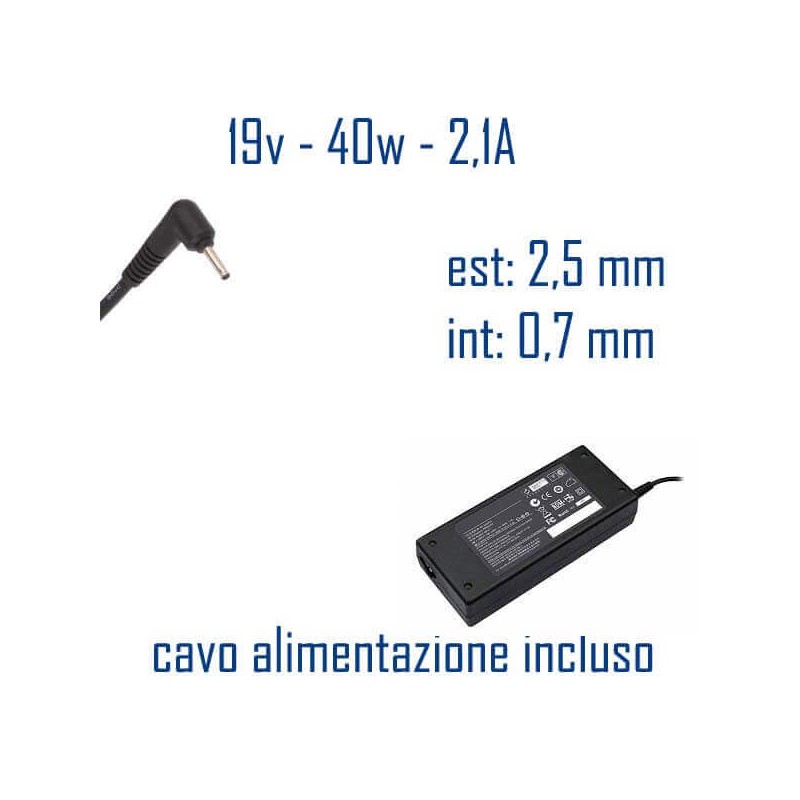 Alimentatore Compatibile 40W 19V 2,1A 2,5 x 0,7mm Cavo Alimentazione Incluso