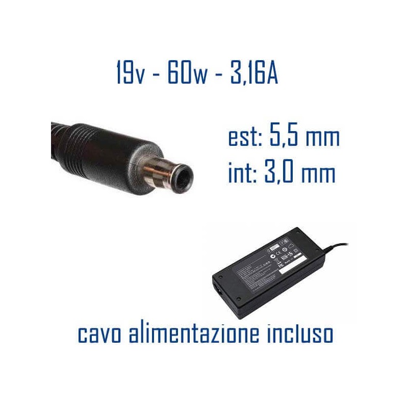 Alimentatore Compatibile 60W 19V 3,16A 5,5 x 3,0mm Cavo Alimentazione Incluso