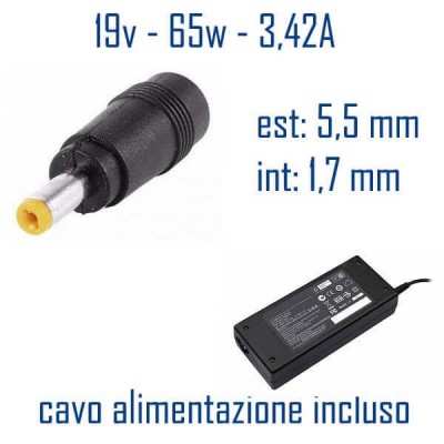 Alimentatore Compatibile 65W 19V 3,42A 5,5 x 1,7mm Cavo Alimentazione Incluso