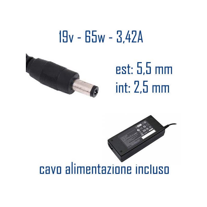 Alimentatore Compatibile 65W 19V 3,42A 5,5 x 2,5mm Cavo Alimentazione Incluso