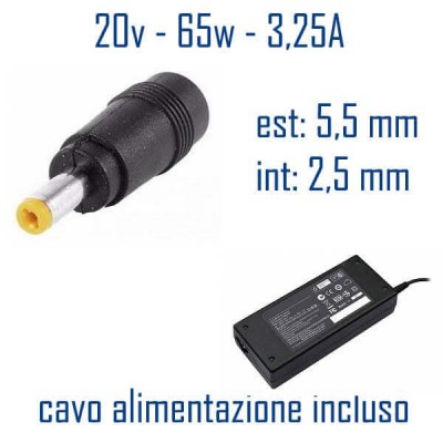 Alimentatore Compatibile 65W 20V 3,25A 5,5 x 2,5mm Cavo Alimentazione Incluso