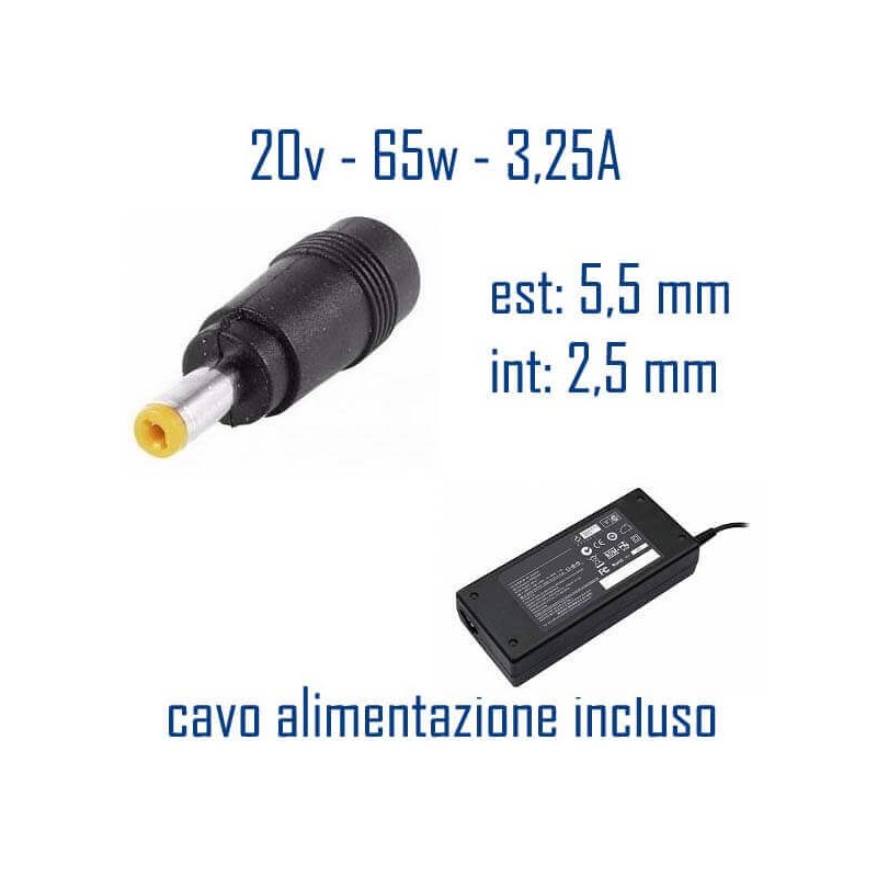 Alimentatore Compatibile 65W 20V 3,25A 5,5 x 2,5mm Cavo Alimentazione Incluso