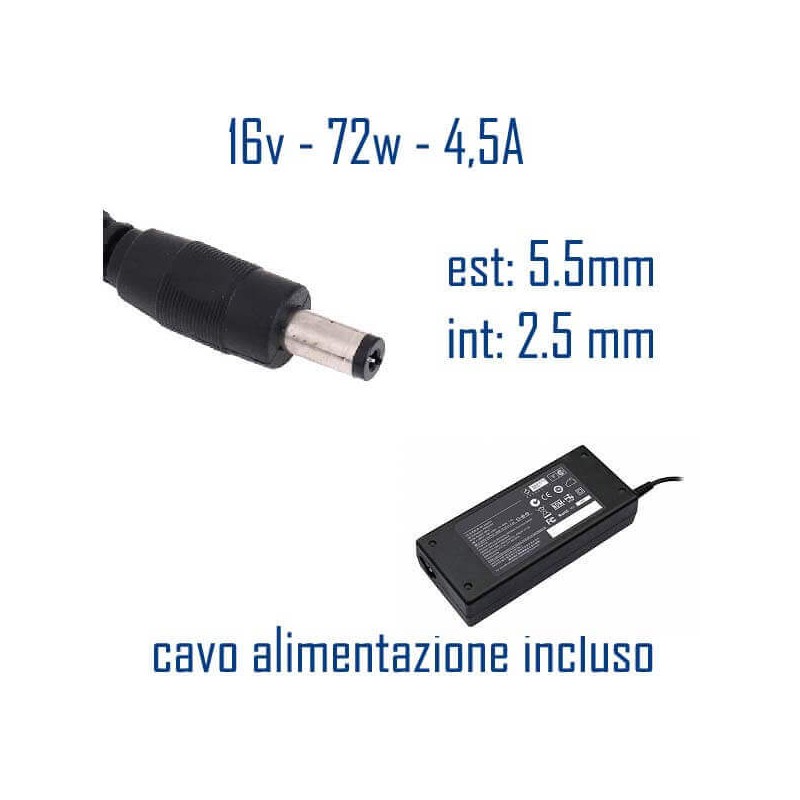 Alimentatore Compatibile 72W 16V 4,5A 5,5 x 2,5mm Cavo Alimentazione Incluso