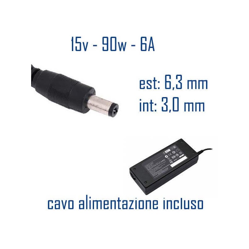 Alimentatore Compatibile 90W 15V 6A 6,3 x 3,0mm Cavo Alimentazione Incluso