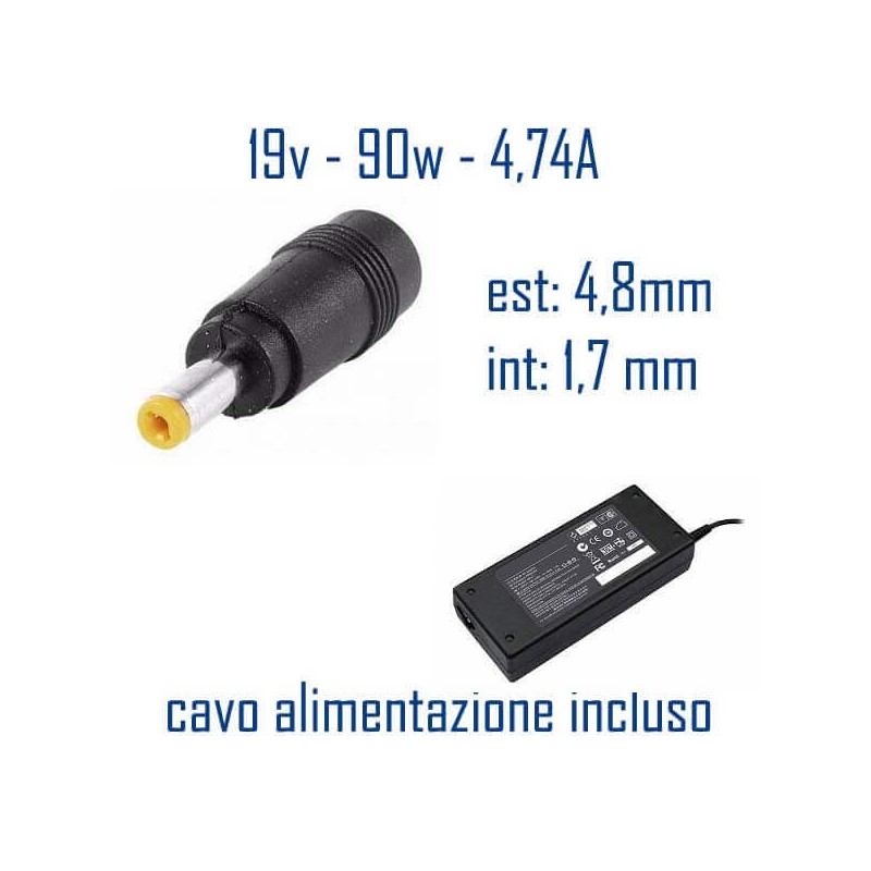 Alimentatore Compatibile 90W 19V 4,74A 4,8 x 1,7mm Cavo Alimentazione Incluso