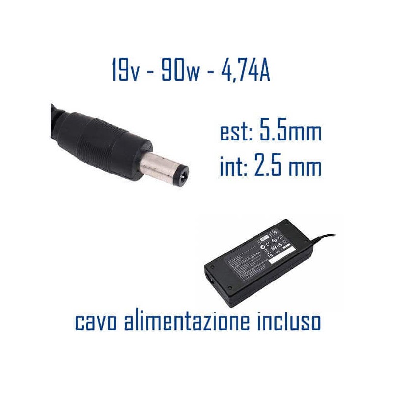 Alimentatore Compatibile 90W 19V 4,74A 5,5 x 2,5mm Cavo Alimentazione Incluso