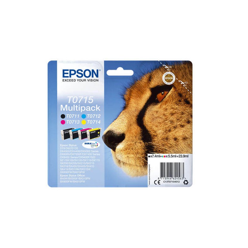 Kit 4 Cartucce Originali Epson C13T07154012 T0715 Bk Nero 7,4ml 245 Pagine C Ciano 5,5ml 345 Pagine M Magenta 5,5 ml 250 Pagine