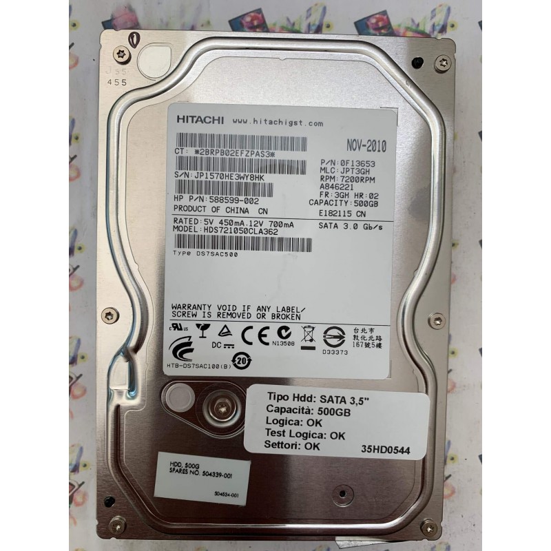 Hard Disk Usato Funzionante 100% OK SATA 3,5" 500GB HITACHI HDS721050CLA362 OF13653 JPT3GH A846221 3GH 02