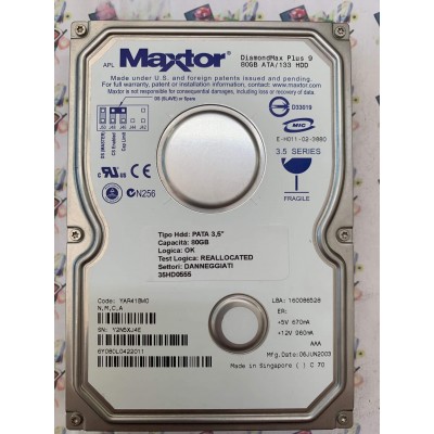 Hard Disk Usato Semifunzionante IDE 3,5" 80GB MAXTOR 6Y080L0422011 YAR41BW0 06 JUN 2003