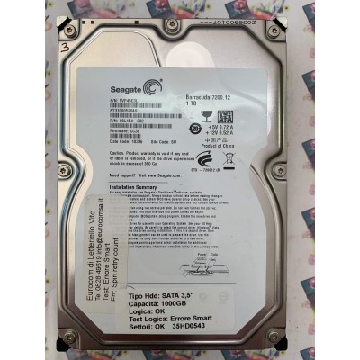 Hard Disk Usato Semifunzionante SATA 3,5" 1000GB SEAGATE ST31000528AS 9SL154-302 CC38 10336 SU