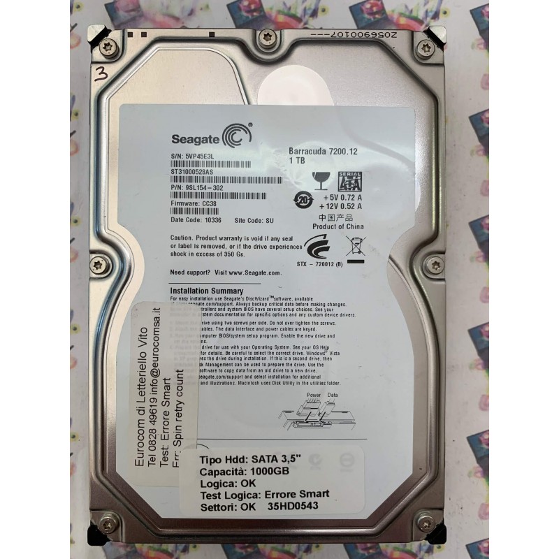 Hard Disk Usato Semifunzionante SATA 3,5" 1000GB SEAGATE ST31000528AS 9SL154-302 CC38 10336 SU