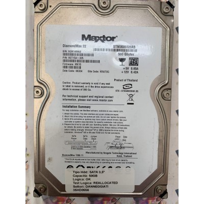 Hard Disk Usato Semifunzionante SATA 3,5" 500GB MAXTOR STM3500320AS 9GT154-325 MX15 08334 KRATSG