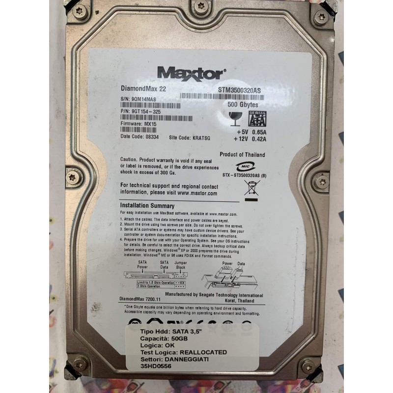 Hard Disk Usato Semifunzionante SATA 3,5" 500GB MAXTOR STM3500320AS 9GT154-325 MX15 08334 KRATSG
