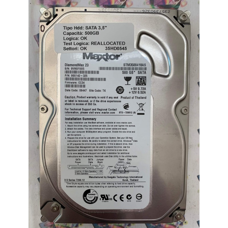Hard Disk Usato Semifunzionante SATA 3,5" 500GB MAXTOR STM3500418AS 9SS142-325 CC34 09447 TK